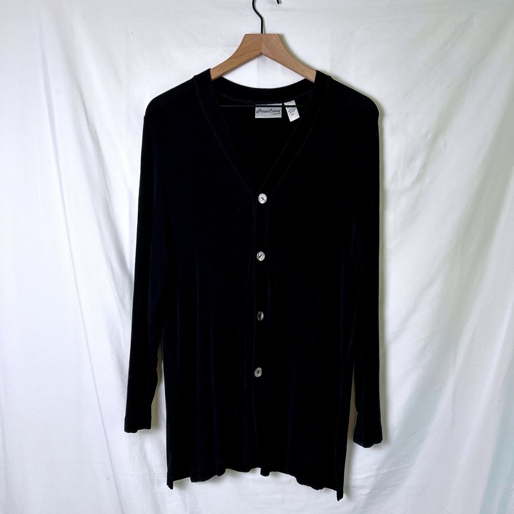 Chico's Women Slinky Knit Button Front V-Neck Cardigan Tunic Size 1/M Black